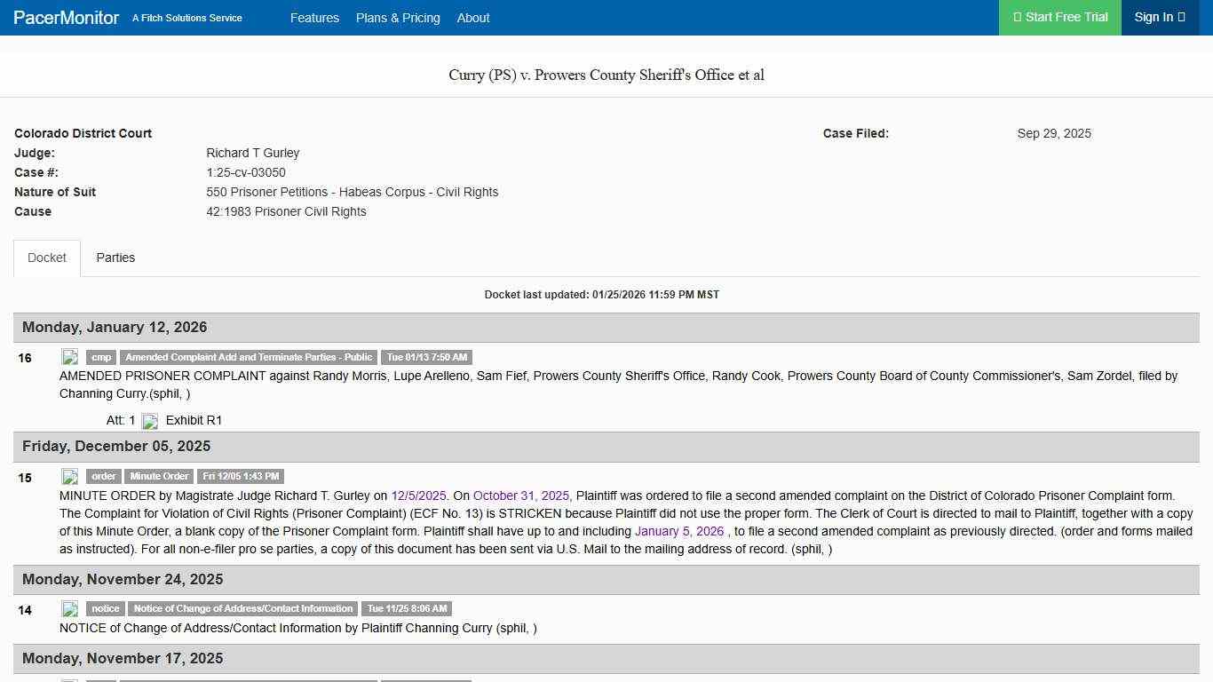 Curry (PS) v. Prowers County Sheriff's Office et al (1:25-cv-03050), Colorado District Court